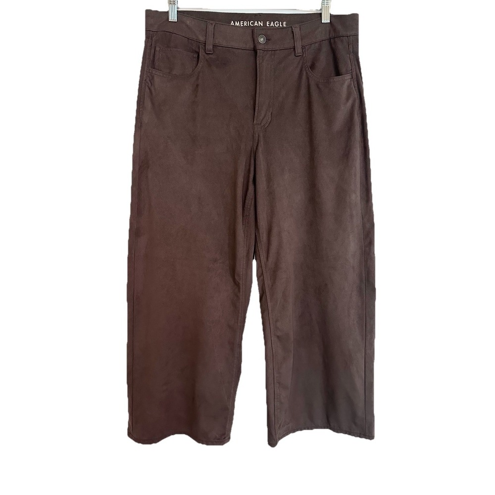 American Eagle Women'sโ 12 SHORT Brown Sueded High Rise Baggy Wide Leg Pants Y2K